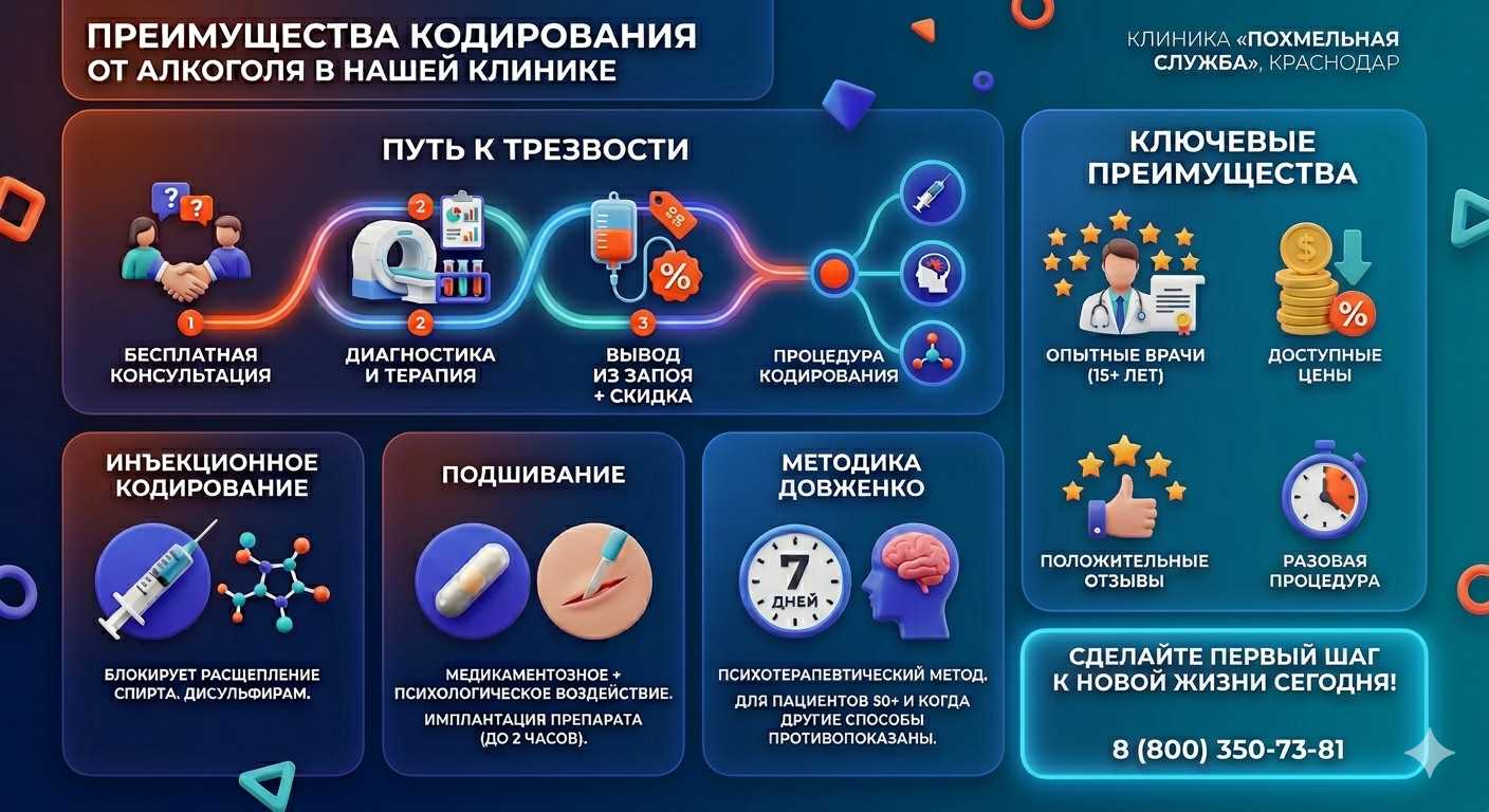 Инфографика о методах кодирования от алкоголя в Кингисеппе: инъекции, подшивание, метод Довженко. Преимущества клиники и этапы лечения.