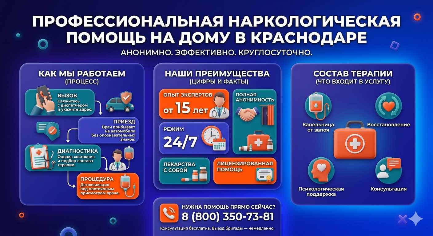Инфографика о принципах лечения алкоголизма на дому в Кингисеппе: этапы вызова нарколога, преимущества анонимной детоксикации и состав медицинской помощи.